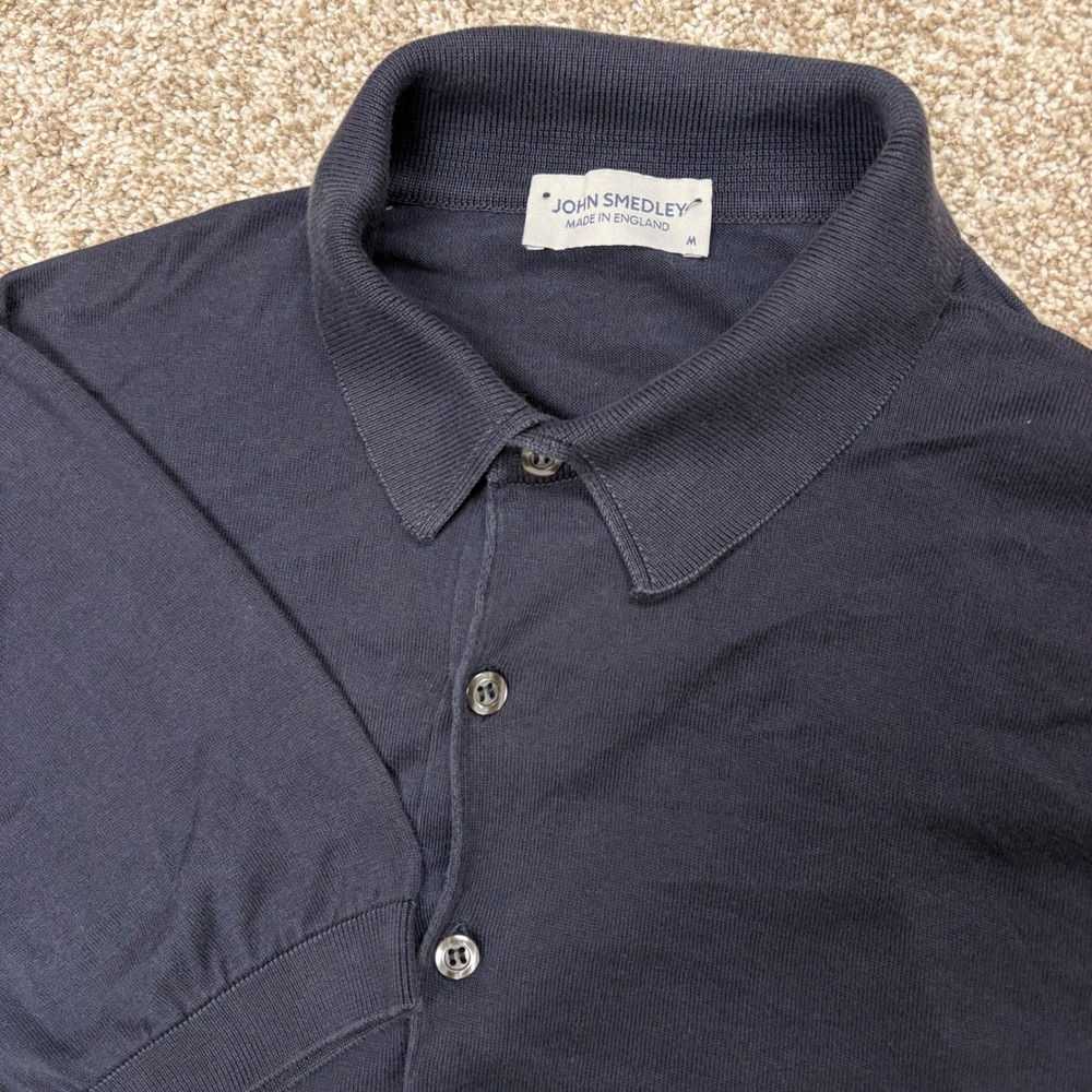 John Smedley Knitted Polo Shirt Mens Medium Navy Blue Sea Island Cotton England